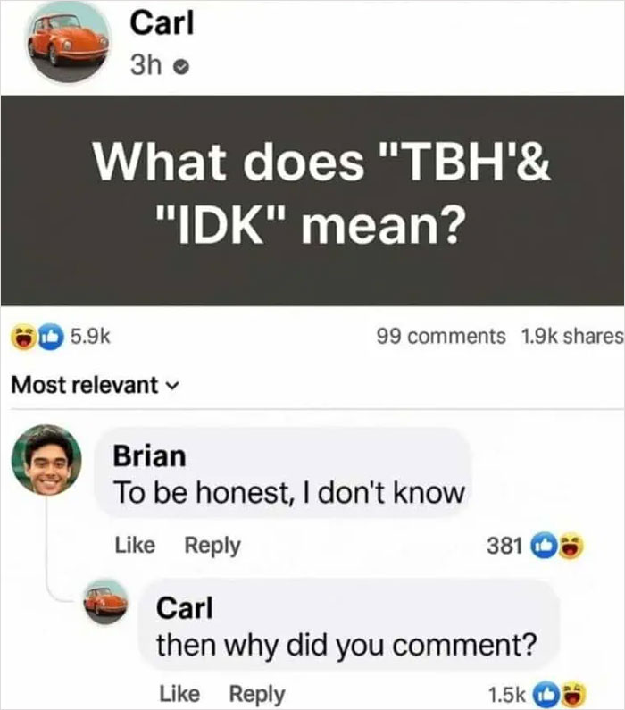 A humorous Facebook exchange, featuring a perfect comeback to a question about internet acronyms, highlighting clever communication.