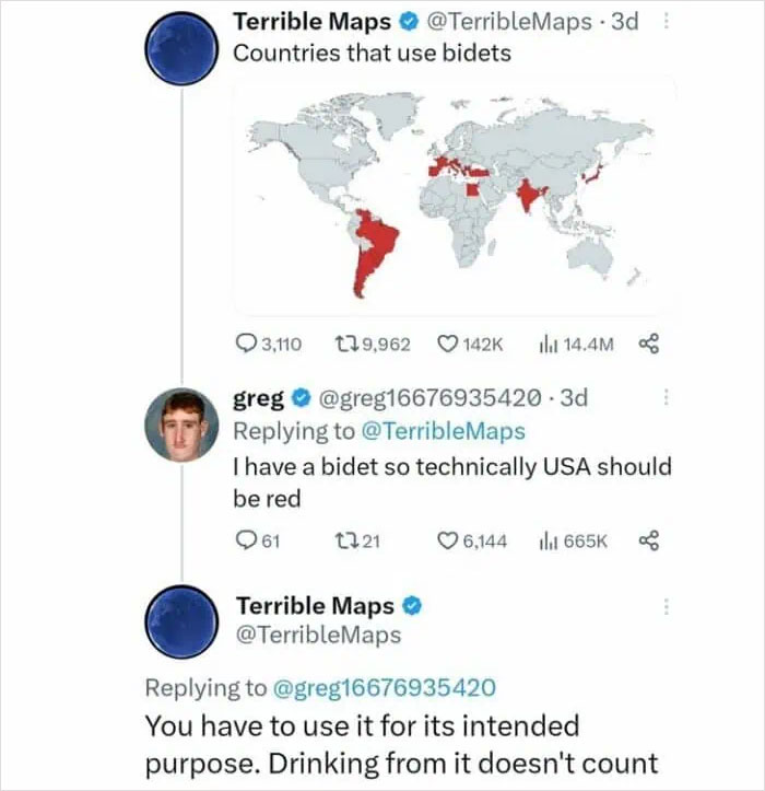 A Twitter exchange where Terrible Maps posts a map of countries using bidets. Greg claims the USA should be red, prompting a comeback about proper bidet use.