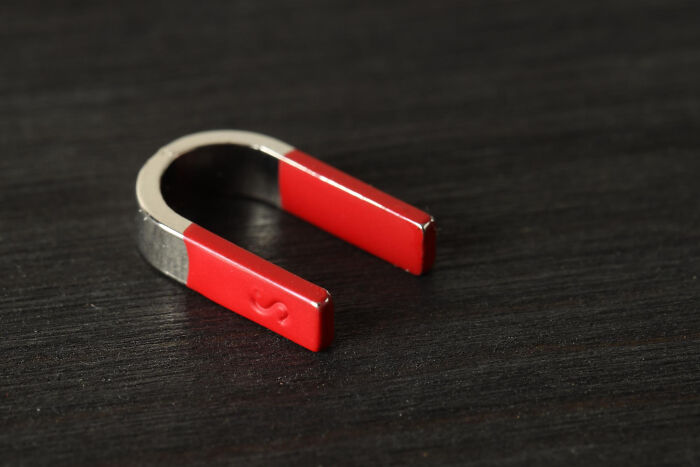 A red and silver horseshoe magnet on a dark wooden surface. Represents the strong pull of wild encounters, confidence, and intelligence.