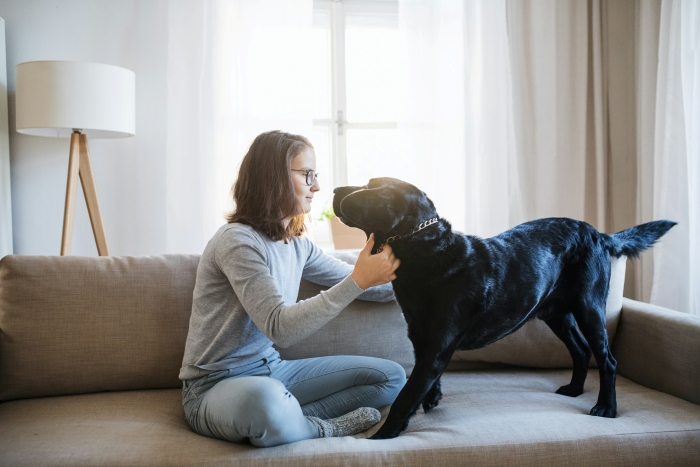 A woman on a sofa petting her black dog. She is learning to defend herself, a mistake she will never make again.