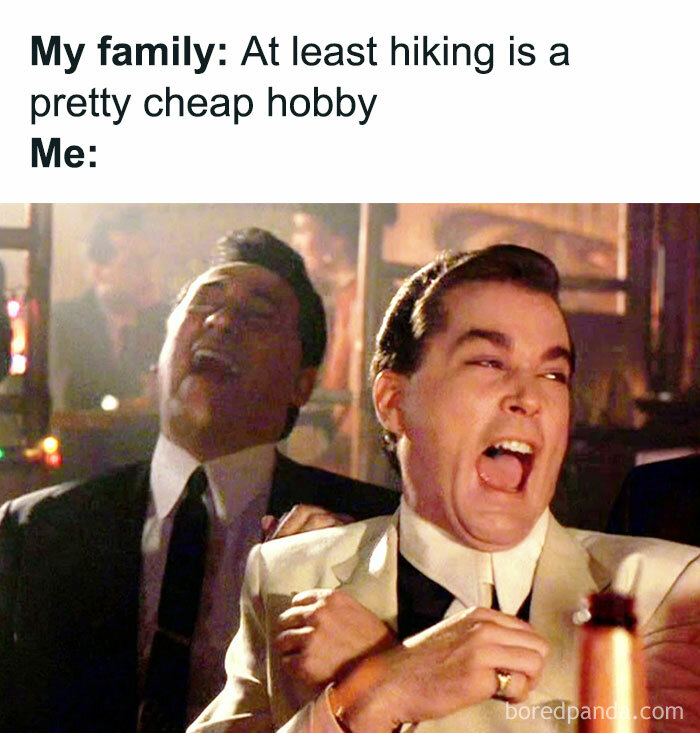 Comedy scene laughing about hiking costs versus family perception in outdoor adventures