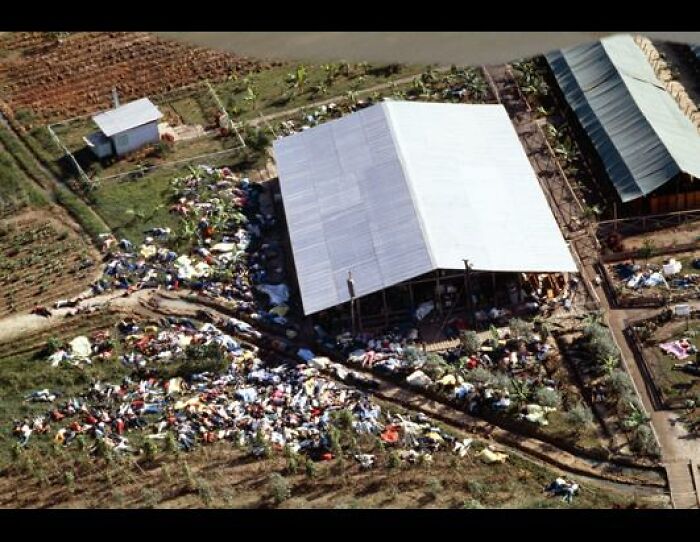 Aerial view of farm with scattered debris revealing creepy photo secrets