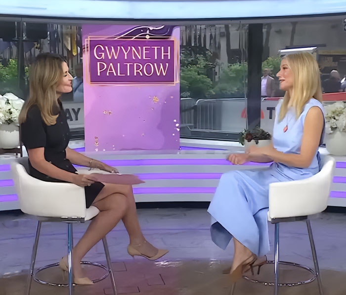 Gwyneth Paltrow and interviewer seated in studio discussing diet hack Gwyneth Paltrow and interviewer seated in studio discussing diet hack