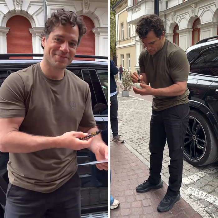Henry Cavill signing autographs in casual outfit highlighting men expiration date new look