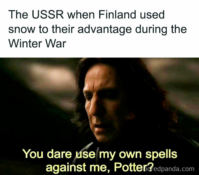 Funny history memes: Snape from Harry Potter looking shocked, with text about USSR and Finland's Winter War.