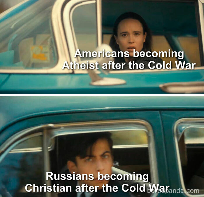 Funny history meme showing Americans becoming Atheist and Russians Christian after the Cold War.