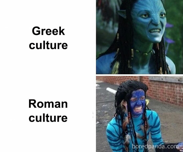 A funny history meme comparing Greek culture to Roman, featuring Avatar characters and a person in blue face paint.