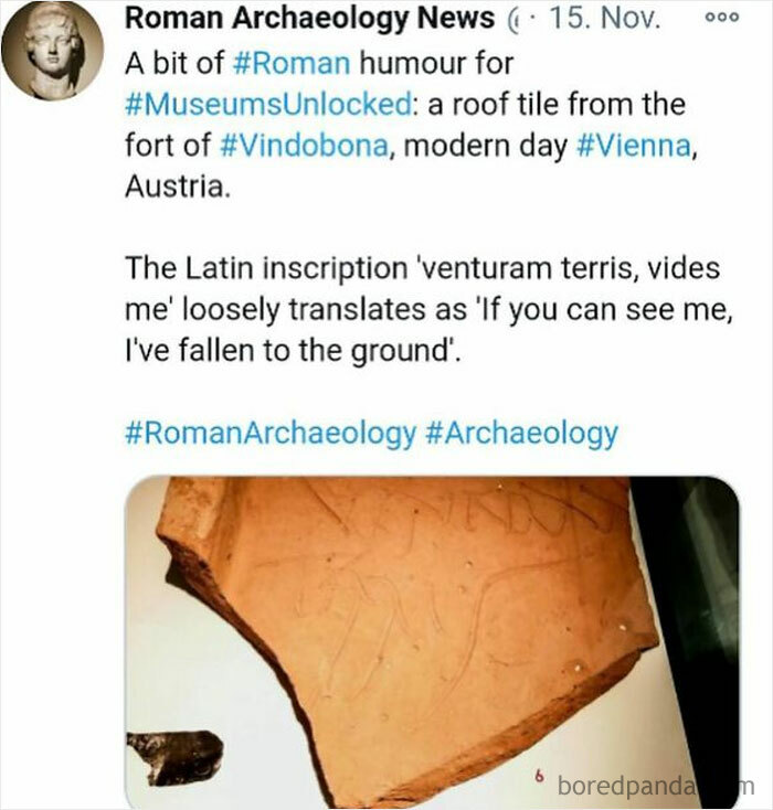 Funny history meme: Roman archaeology news tweet with an image of a roof tile and Latin inscription translation.