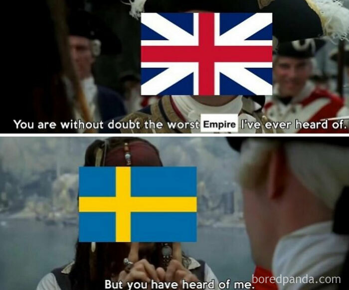 Funny history memes from Pirates of the Caribbean: British flag above criticizing words, Swedish flag above Jack Sparrow.