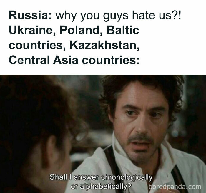 Robert Downey Jr. meme asking about answering chronologically or alphabetically in a funny history meme context.