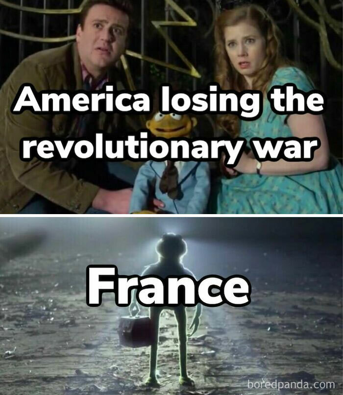 Funny history meme with two panels: America losing the Revolutionary War and France as Kermit in a spotlight.