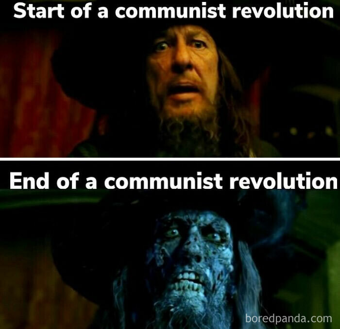 Funny history memes: A meme showing a man before and after a communist revolution, illustrating the contrast with humor.