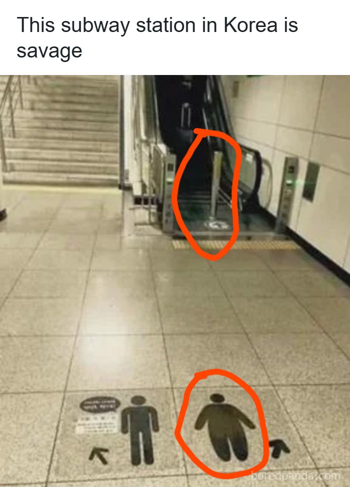 Funny subway station floor signs in Korea showing different body types for escalator access