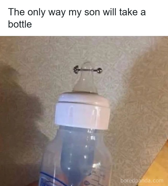 Baby bottle with unusual n****e mount to help baby take bottle hmm image