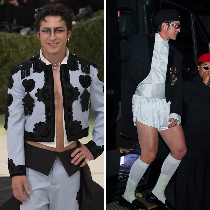 A split image showing a man's Met Gala fashion look versus his Afterparty Fashion Transformation.