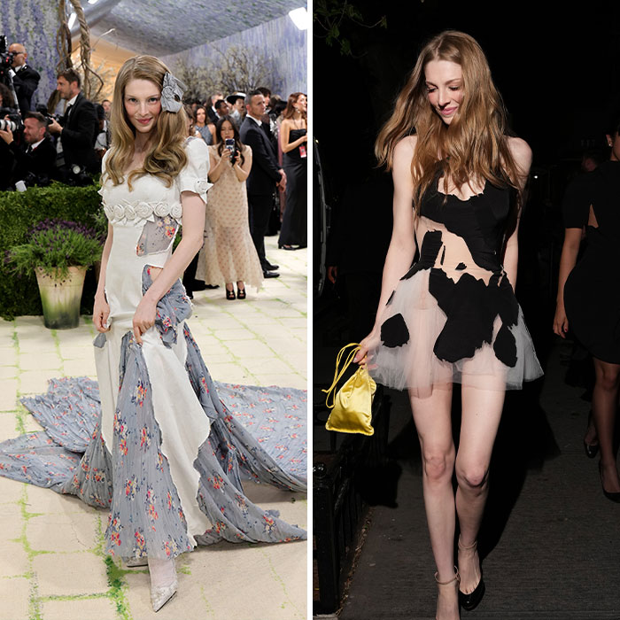 A side-by-side comparison of a Met Gala attendee's fashion transformations from elaborate gown to a playful afterparty look.