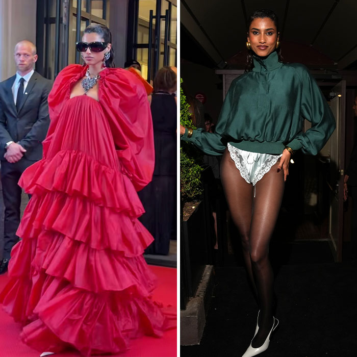 Two images showing a Met Gala afterparty's fashion transformation. Left: Model in a voluminous red gown. Right: Model in a green top and white lace underwear.