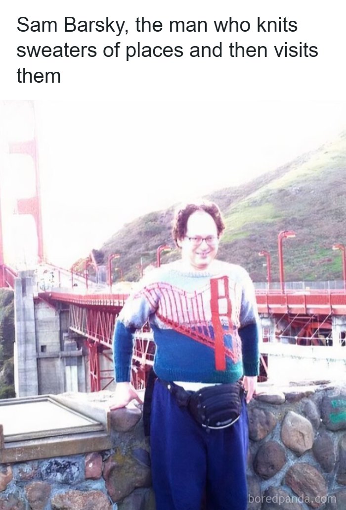 Man posing near Golden Gate Bridge wearing a sweater with the bridge knitted on it