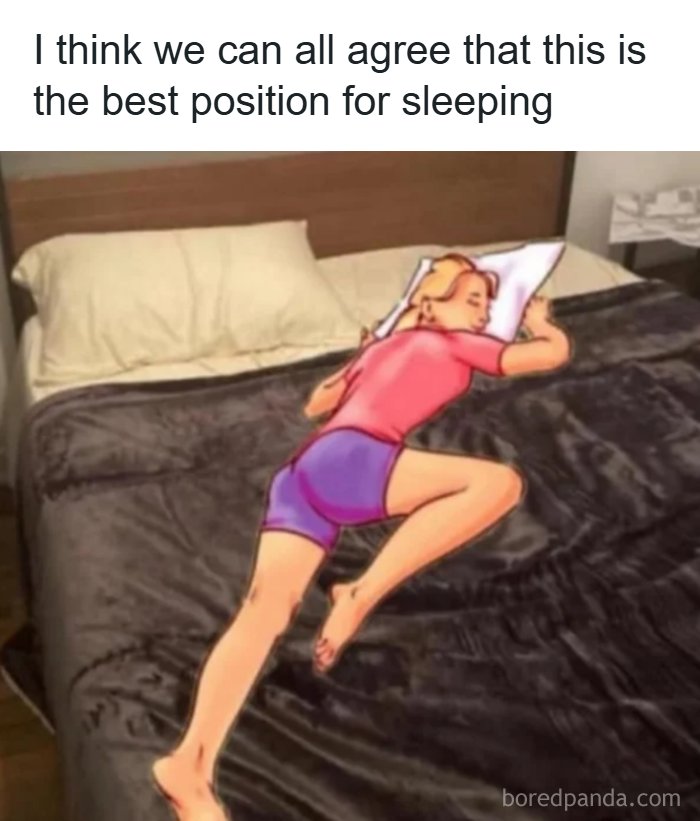 A meme showing an illustration of a person sleeping comfortably in a fetal position, relatable memes for best sleep.