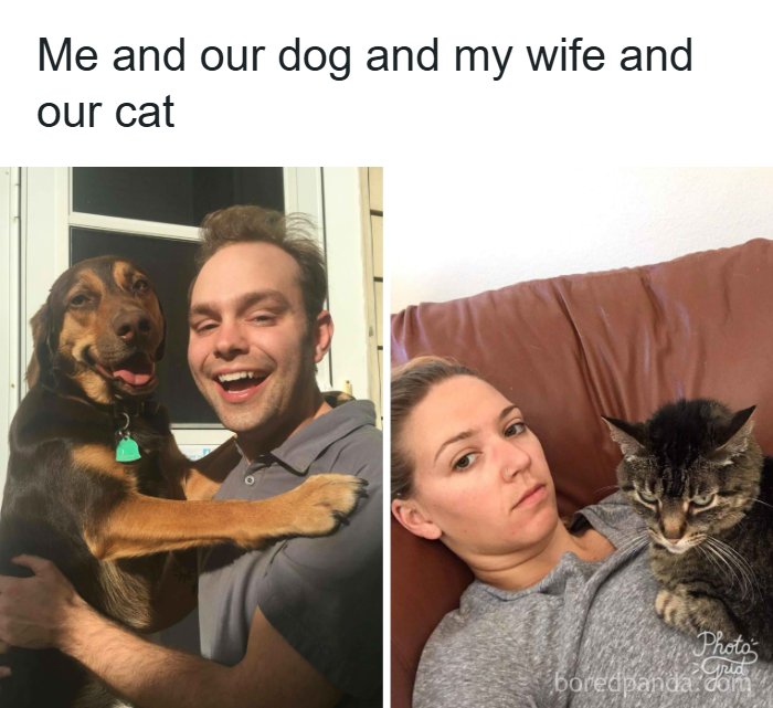A meme showing a man happily holding a dog, contrasted with a woman looking annoyed with a cat on her chest. Relatable memes about pets.