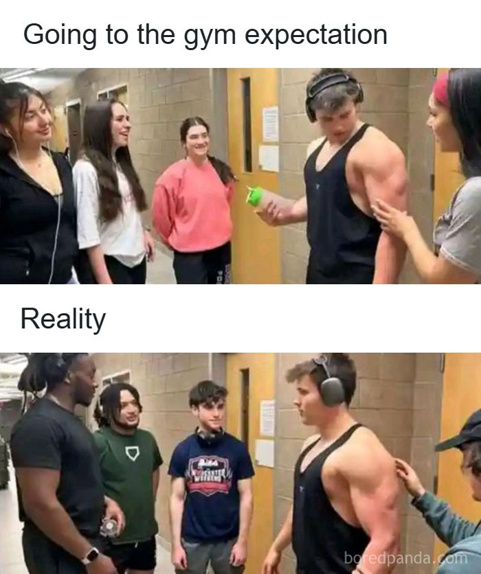 A humorous relatable meme showing the expectation vs. reality of going to the gym.