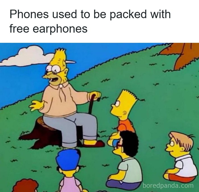 Grandpa Simpson tells kids about free phone earphones, a suspiciously relatable meme about past tech perks.