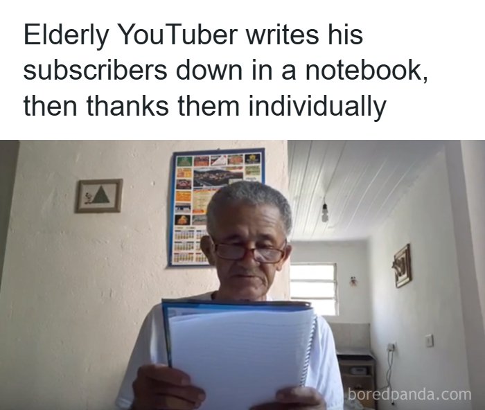 Elderly YouTuber writing subscribers names in notebook and thanking them