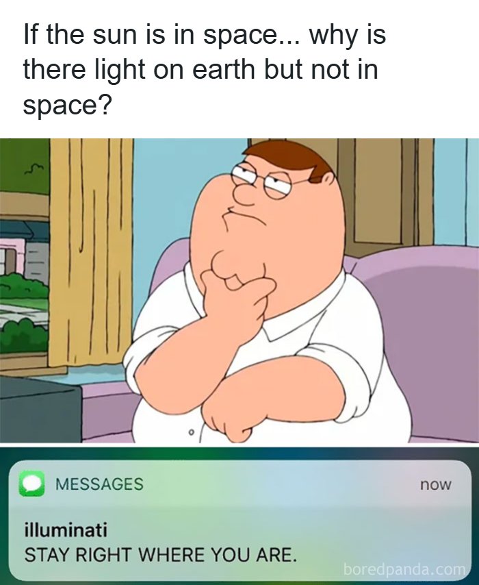 Cartoon character with text about sun in space and illuminati message science meme
