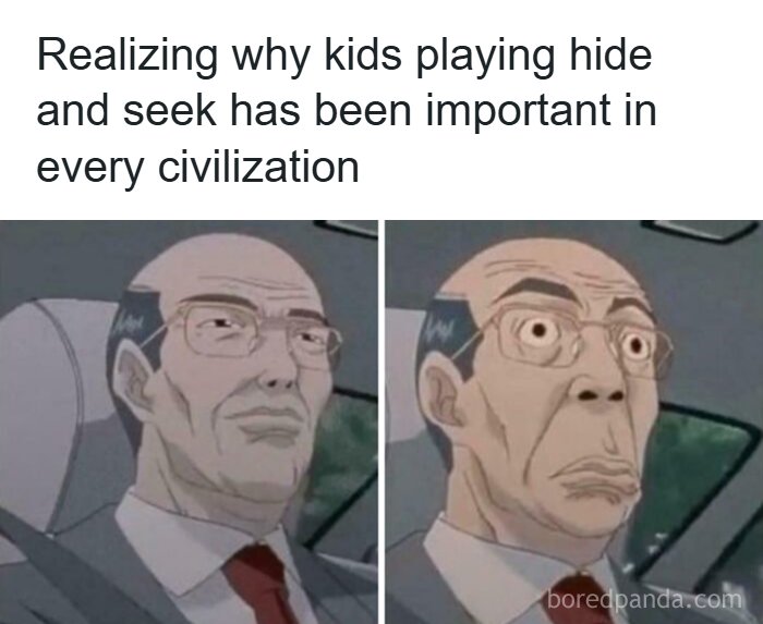 Cartoon man realizing importance of kids playing hide and seek across civilizations