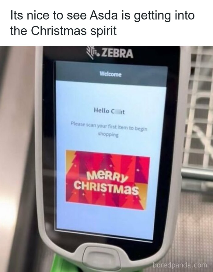 A British meme showing an Asda self-checkout screen displaying a festive Merry Christmas graphic. Enjoy these British memes!