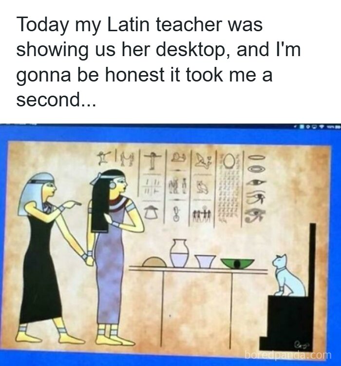 Latin teacher shows desktop with Egyptian hieroglyphs and cartoon figures, funny internet content meme