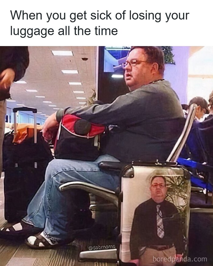 A man at an airport with a travel meme on his suitcase. The meme shows a photo of himself.