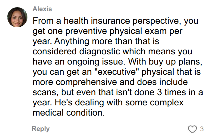 Comment discussing health insurance and preventive physical exams Comment discussing health insurance and preventive physical exams