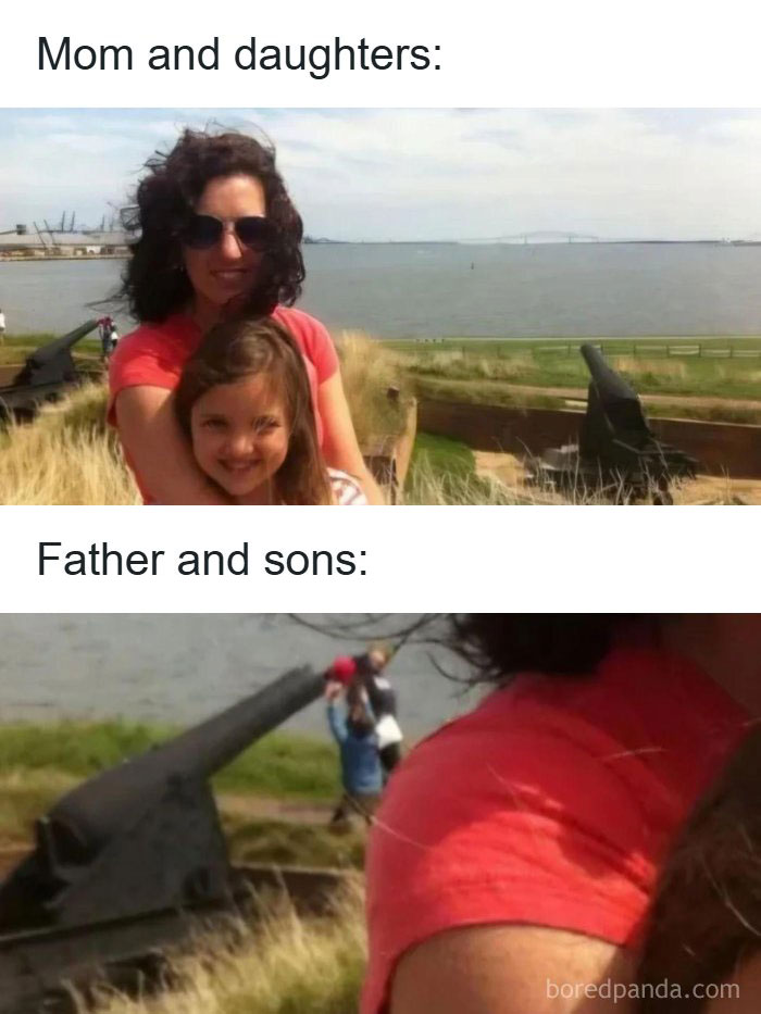 A relatable meme showing a mom and daughter posing nicely, contrasted with a father and sons goofing around with a cannon.