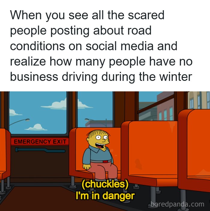 A meme featuring Ralph Wiggum from The Simpsons on a bus, with text about bad winter drivers. Hilarious Memes in Alaska.