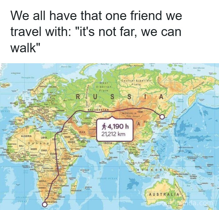 A travel meme shows a long walk from South Africa to Russia, taking 4,190 hours over 21,212 km.
