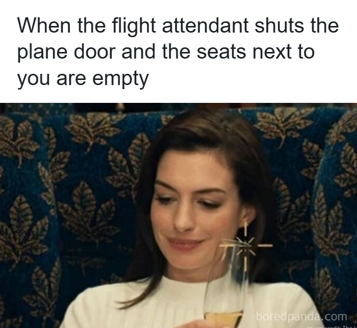 A woman subtly smiles, holding a drink on a plane, portraying the joy of empty adjacent seats. Travel memes for your desk.