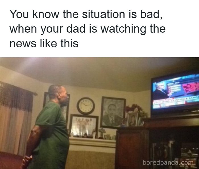 A dad stands facing a TV, hands behind his back, looking concerned. A relatable meme about suspicious situations.
