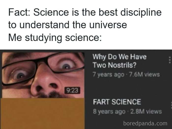 Science meme contrasts serious study with silly videos about why we have two nostrils