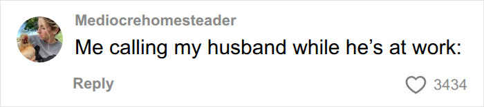 A social media post by "Mediocrehomesteader" saying, "Me calling my husband while he's at work:" showing a profile image with a person holding a chicken. Like the Spirit Airlines joke, it's a popular joke.