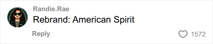 A Randie.Rae comment suggesting "Rebrand: American Spirit" with 1572 likes, relating to the Spirit Airlines joke and fundraising.