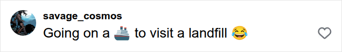 A user's humorous social media post about a cruise ship trip to a landfill, with a laughing emoji. Related to cruise ship outbreaks.