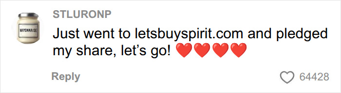 Screenshot of a comment from letsbuyspirit.com about buying Spirit Airlines, showing 4 hearts and 64,428 likes.