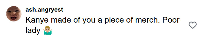 A user comment on Bianca Censori's style, including a baby face profile picture and a heart icon. A user comment on Bianca Censori's style, including a baby face profile picture and a heart icon.
