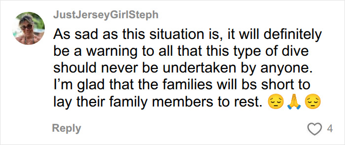 Comment warning against undertaking dangerous dives after tragic situation