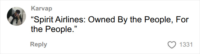 A social media post by Karvap states, Spirit Airlines: Owned By the People, For the People. It has 1331 likes.