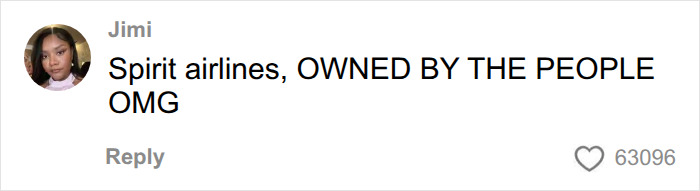 A social media comment from "Jimi" about Spirit Airlines being owned by the people, relating to the joke of buying Spirit Airlines.