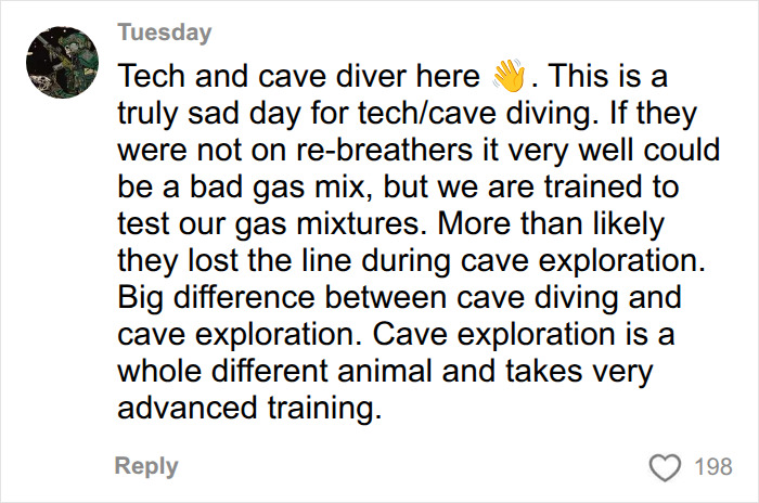 Comment explaining difference between cave diving and cave exploration training