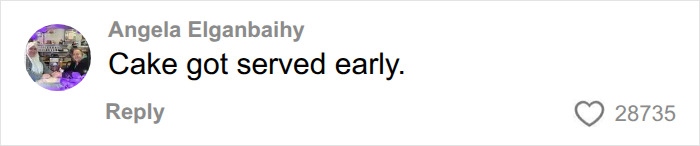 TikTok comment joking about early cake serving at wedding
