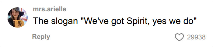 A screenshot of a social media comment by mrs.arielle, reading, The slogan We've got Spirit, yes we do, relating to Spirit Airlines.
